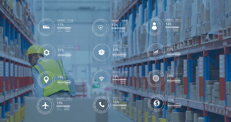 Image of digital data processing over caucasian man working in warehouse