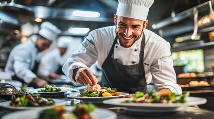 professional chef precisely preparing and plating food with artistic creativity and culinary excellence in a gourmet kitchen setting