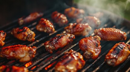 Grilled chicken wings sizzling on a barbecue, surrounded by smoke.
