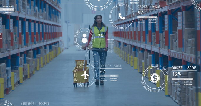 Image of digital data processing over biracial man working in warehouse - Powered by Adobe