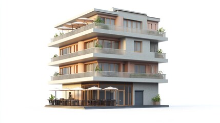 Obraz premium Modern multi-story building with balconies and a café area.