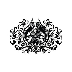 viking male with victorian flourish, in black and white illustrations, cutout graphic