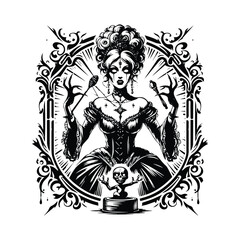 voodoo lady horror inside victorian flourish, in black and white illustrations, cutout graphic