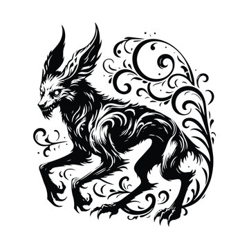 recommend clip art: Wendigo creature with victorian flourish decoration in black and white illustrations, cutout graphic