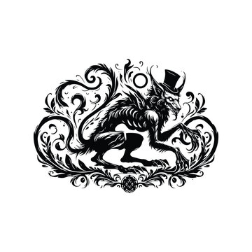 recommend clip art: Wendigo creature with victorian flourish decoration in black and white illustrations, cutout graphic