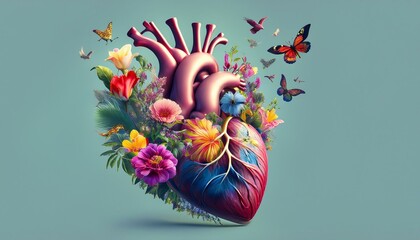 "Create an image featuring a detailed anatomical heart as the central element. The heart should be realistic, with veins and arteries, but from its cavities, vibrant tropical flowers are growing and b