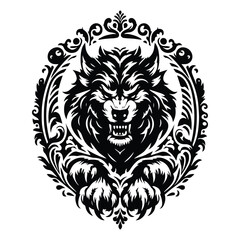 Fototapeta premium werewolves creature with victorian flourish decoration in black and white illustrations, cutout graphic g