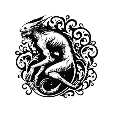recommend clip art: Wendigo creature with victorian flourish, in black and white illustrations, cutout graphic