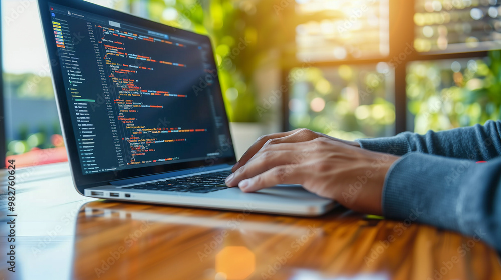 Poster hands typing code on laptop in bright office setting
