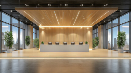 Modern Reception Area with Wooden Accents and Glass Windows