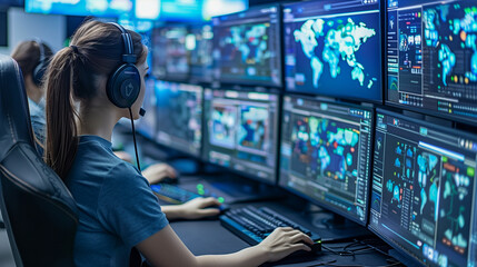 Team of Analysts Monitoring Global Data on Multiple Screens