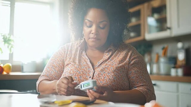 A fat woman checking her blood sugar levels with a glucometer at her kitchen table, focused and calm, emphasizing daily diabetes management.