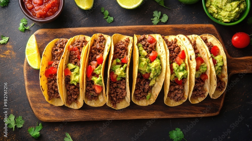 Canvas Prints A platter of delicious tacos filled with meat, guacamole, and fresh toppings.