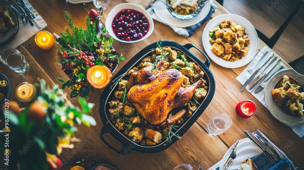 Wall mural A festive dining table featuring a roasted turkey with side dishes and candles.