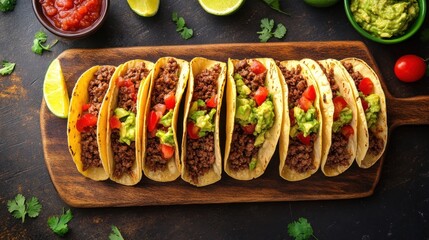A platter of delicious tacos filled with meat, guacamole, and fresh toppings.