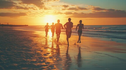Fototapeta premium active lifestyle group running on the beach at sunset enjoying fitness and exercise by the scenic ocean coastline