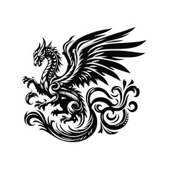 Fototapeta premium wyvern dragon with victorian flourish decoration in black and white illustrations, cutout graphic