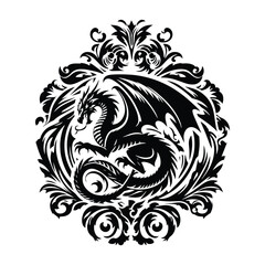 Fototapeta premium wyvern dragon with victorian flourish, in black and white illustrations, cutout graphic