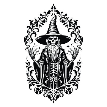 recommend clip art: wizard skeleton with victorian flourish decoration in black and white illustrations, cutout graphic
