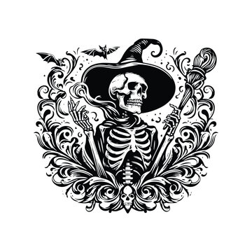 recommend clip art: wizard skeleton with victorian flourish decoration in black and white illustrations, cutout graphic