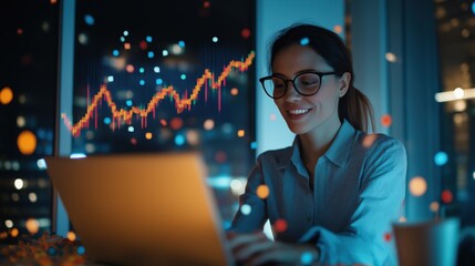 A businesswoman is focused on her laptop in a modern office, analyzing data with glowing graphs and charts