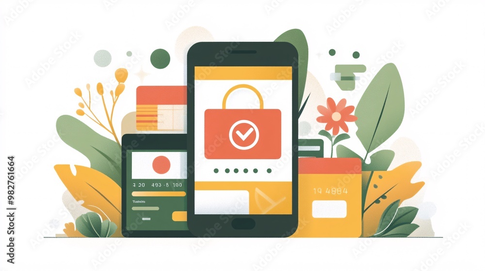 Poster An illustration of a mobile payment app showing a secure checkout option and payment methods The vector art includes a padlock symbol and credit card icons to emphasize transaction safety while
