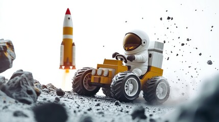 A toy astronaut drives a small vehicle on a lunar-like surface with a rocket launching nearby.