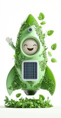 A cheerful rocket covered in green leaves, symbolizing eco-friendly technology and sustainability.