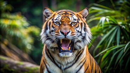 Obraz premium Roaring tiger in the wild, showcasing its power and dominance, tiger, wild, animal, predator, roar, power, strength