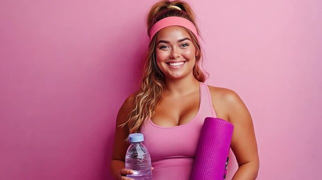 A plump woman dressed for exercise, carrying a yoga mat and a water bottle, grinning self-assuredly, symbolizes an active diabetic lifestyle.