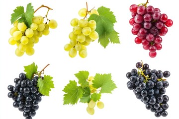 Set of various types of grapes (Black, white and red grape) with leaf flying isolated on white background , ai