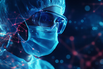 digital background featuring a man wearing a medical mask symbolizing healthcare and protection, with modern data connections
