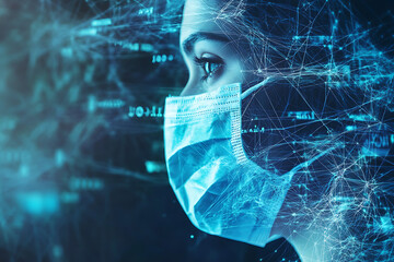 digital background featuring a man wearing a medical mask symbolizing healthcare and protection, with modern data connections
