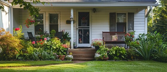 Fototapeta premium Small old house with entrance porch decorated with antique bench. Front yard has lawn and flower beds