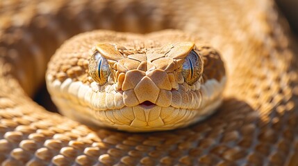 Obraz premium rattlesnake coiled and ready to strike captured in a closeup shot with fangs exposed in a fearsome wildlife predator scene