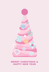 Merry Christmas and Happy New Year greeting poster(banner, card) made of cartoon Christmas and New Year elements in pastel colors with typography.Minimal digital image for cover, layout, poster, flyer