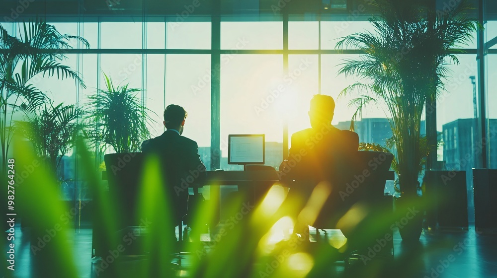 Poster A mix of younger and older employees discussing project details while looking at a tablet screen. The office setting is modern, with large windows and sleek furniture. Blurred elements in the