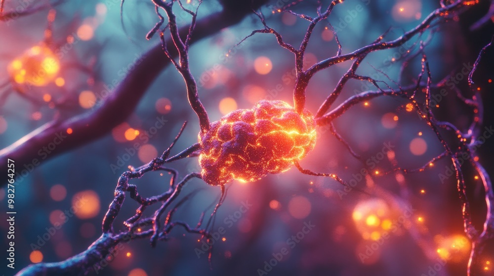 Poster a vibrant depiction of neural connections resembling a brain in a surreal environment.