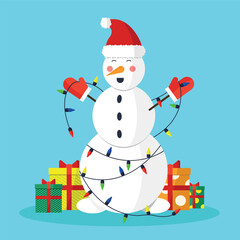 Snowman with gifts got tangled in garland. Funny situation. Merry Christmas and Happy New Year.