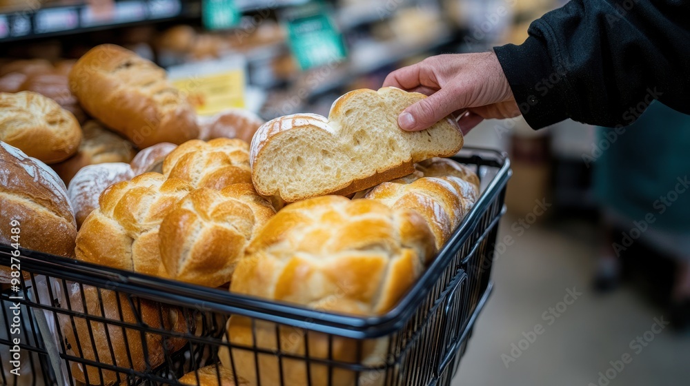 Canvas Prints A hand selects a piece of bread from a basket filled with various types of baked goods.