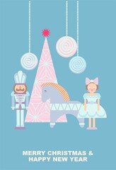 Merry Christmas and Happy New Year greeting poster(banner, card) made of cartoon Christmas and New Year elements in pastel colors with typography.Minimal digital image for cover, layout, poster, flyer