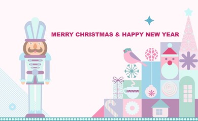 Merry Christmas and Happy New Year greeting poster(banner, card) made of cartoon Christmas and New Year elements in pastel colors with typography.Minimal digital image for cover, layout, poster, flyer
