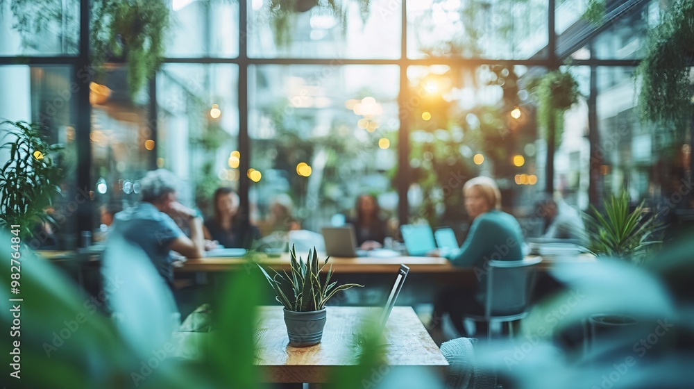 Poster A diverse group of employees, some older and some younger, seated around a conference table using digital devices like laptops and tablets. The scene is captured from afar with a blurry object in the