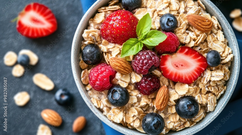 Poster A bowl of oatmeal topped with berries, nuts, and fresh herbs, showcasing a healthy breakfast option.