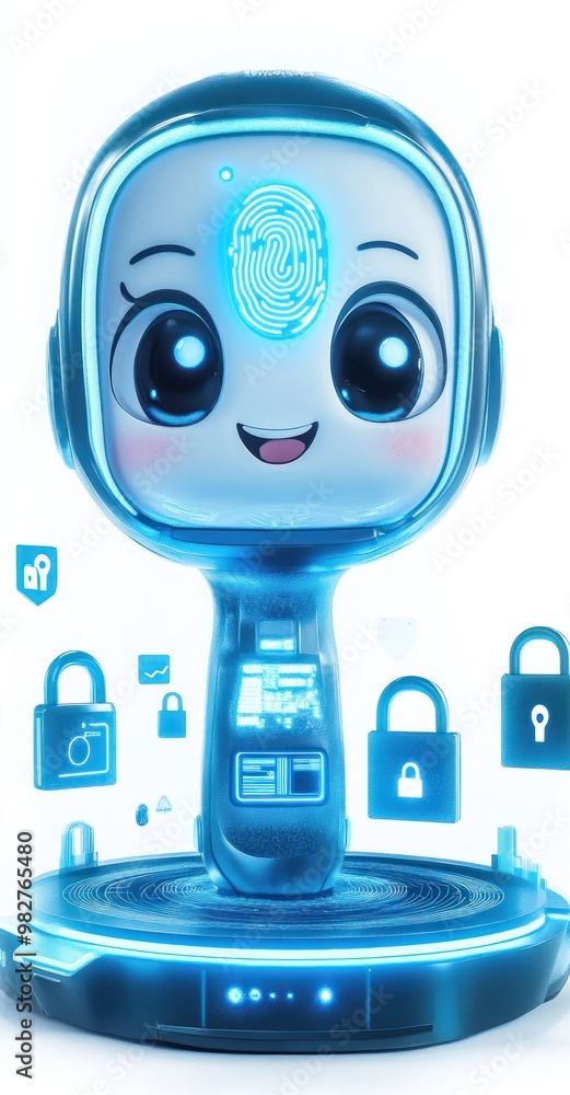 Poster a cute, futuristic robot character with a digital interface and security icons.
