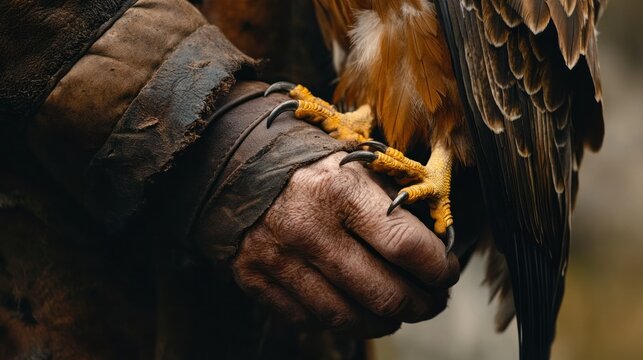 Close-up of a hunter hand holding the jesses of a golden eagle, with focus on the textures of leather and feathers