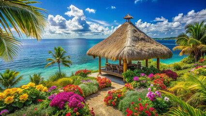 Coastal paradise scene featuring a thatched roof tiki hut surrounded by lush greenery, vibrant tropical flowers, and a serene blue ocean in the background.