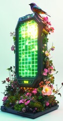 A glowing green device surrounded by vibrant flowers, suggesting a fusion of technology and nature.