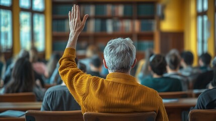 older student raising hand from back view to answer teacher's question in adult education class during focused learning and interaction