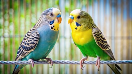 Fototapeta premium Two differently coloured budgies sitting on a perch in a cage, looking at each other , budgies, birds, colorful, feathers, perched
